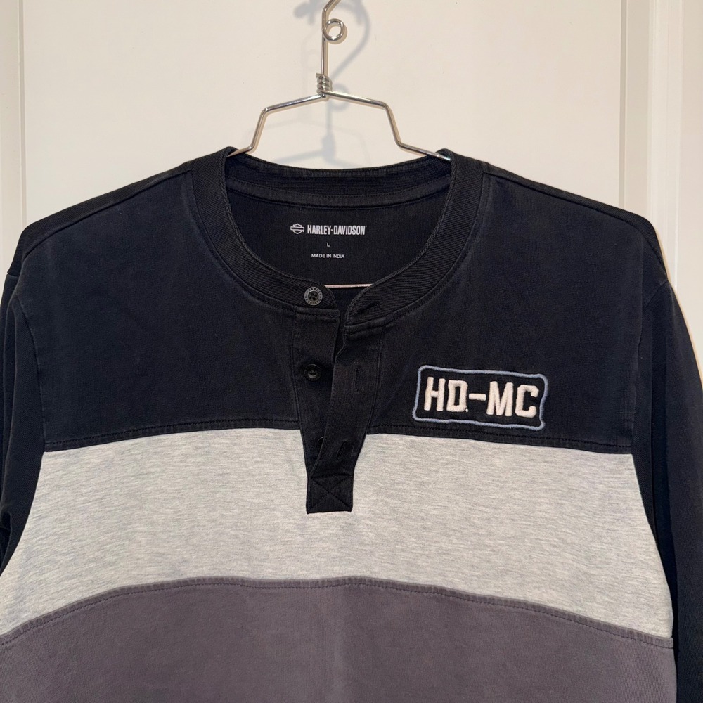 Harley Davidson Men's L HD-MC Colorblock Henley Long Sleeve Shirt Black Gray